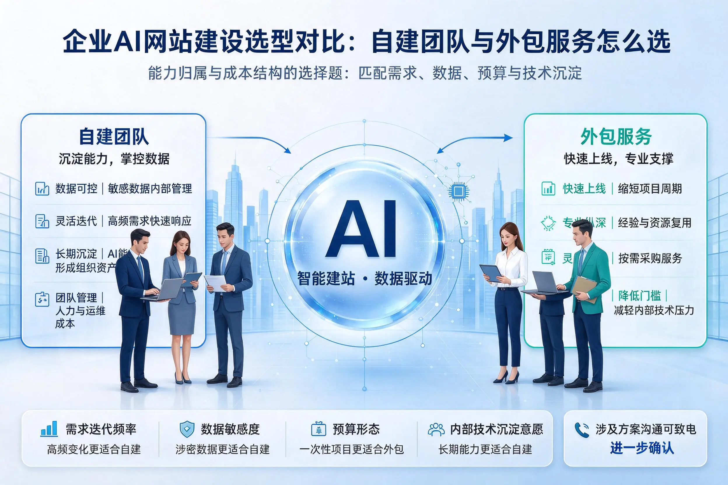 六盘水企业AI网站建设选型对比：自建团队与外包服务怎么选